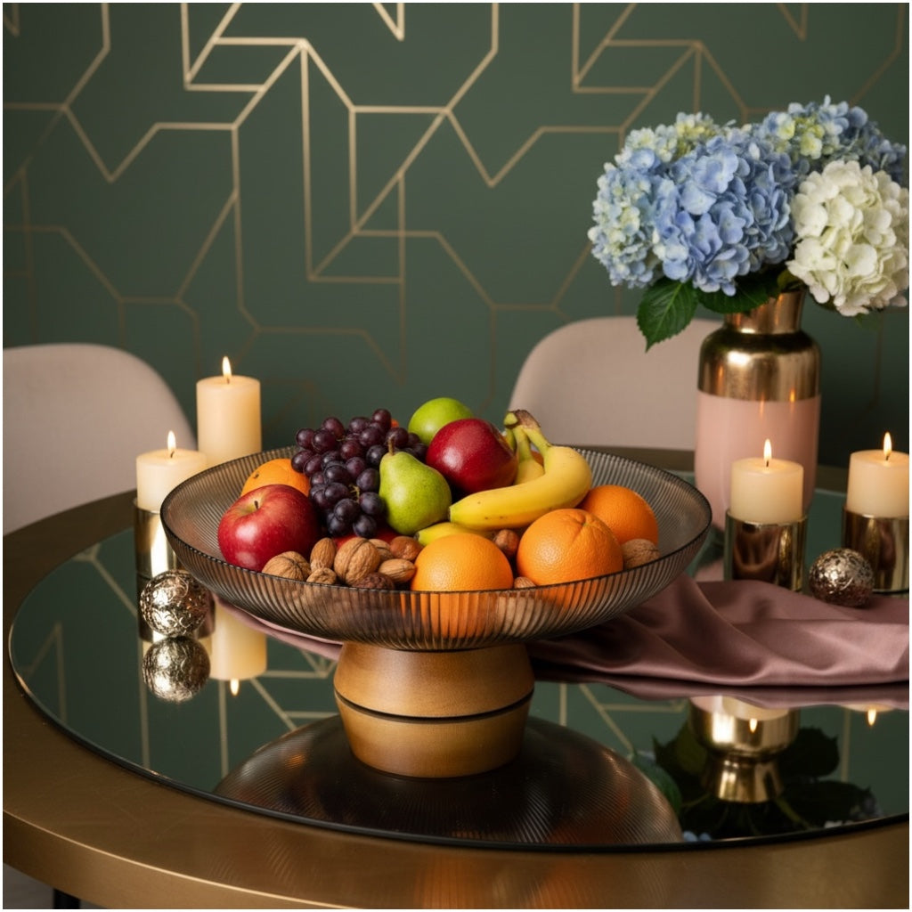 Luxury Ribbed Glass Serving Bowl with Wooden Base – 25cm Modern Fruit Bowl