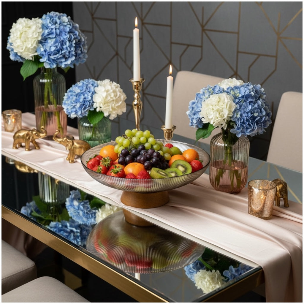 Luxury Ribbed Glass Serving Bowl with Wooden Base – 25cm Modern Fruit Bowl