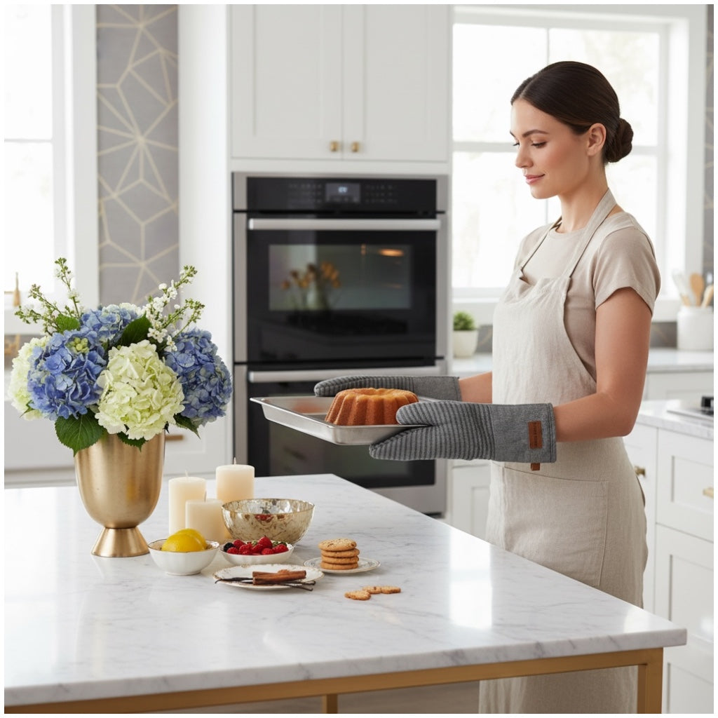 Thick Pair of Heat Resistant Cotton Silicone Oven Mitts - Non Slip