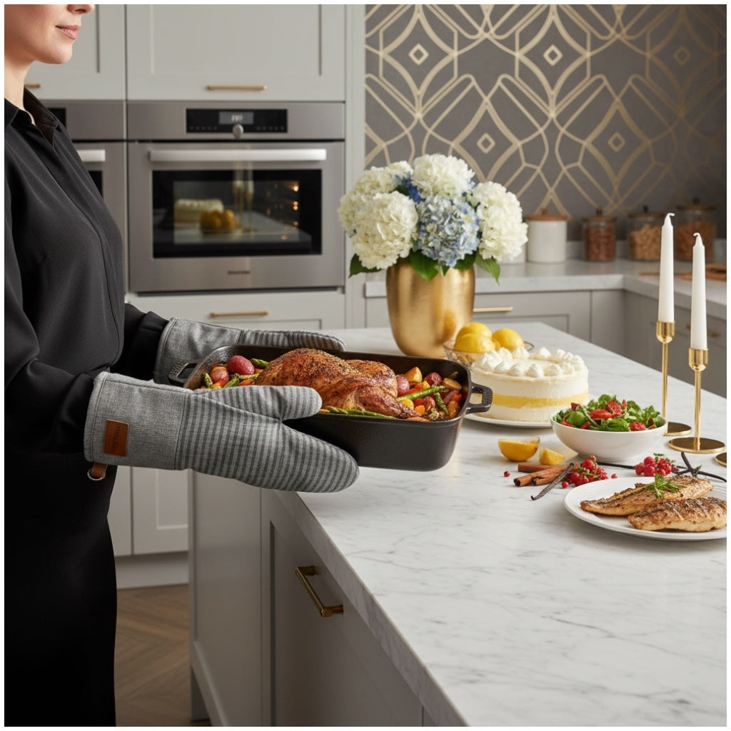 Thick Pair of Heat Resistant Cotton Silicone Oven Mitts - Non Slip