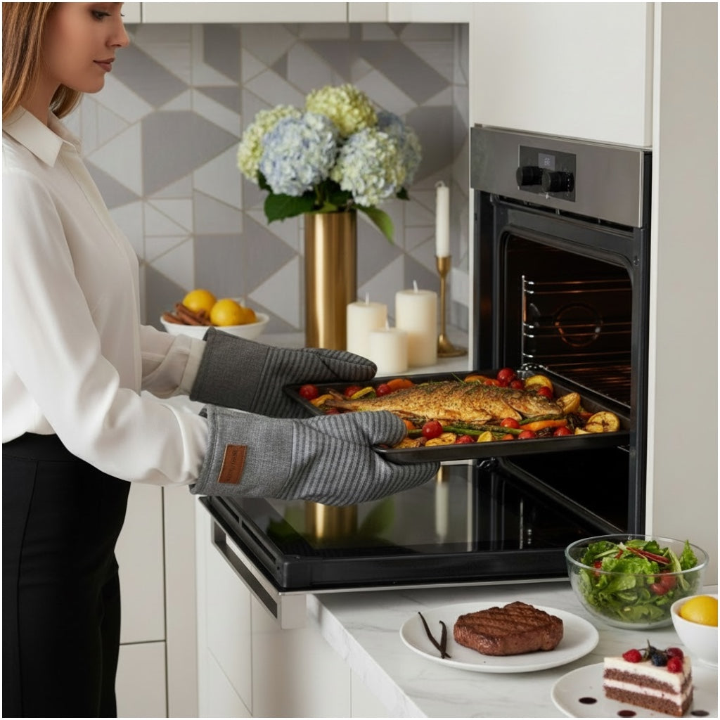 Thick Pair of Heat Resistant Cotton Silicone Oven Mitts - Non Slip