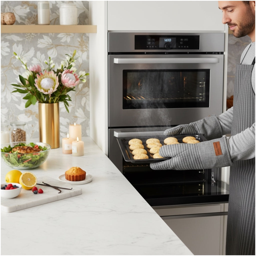 Thick Pair of Heat Resistant Cotton Silicone Oven Mitts - Non Slip
