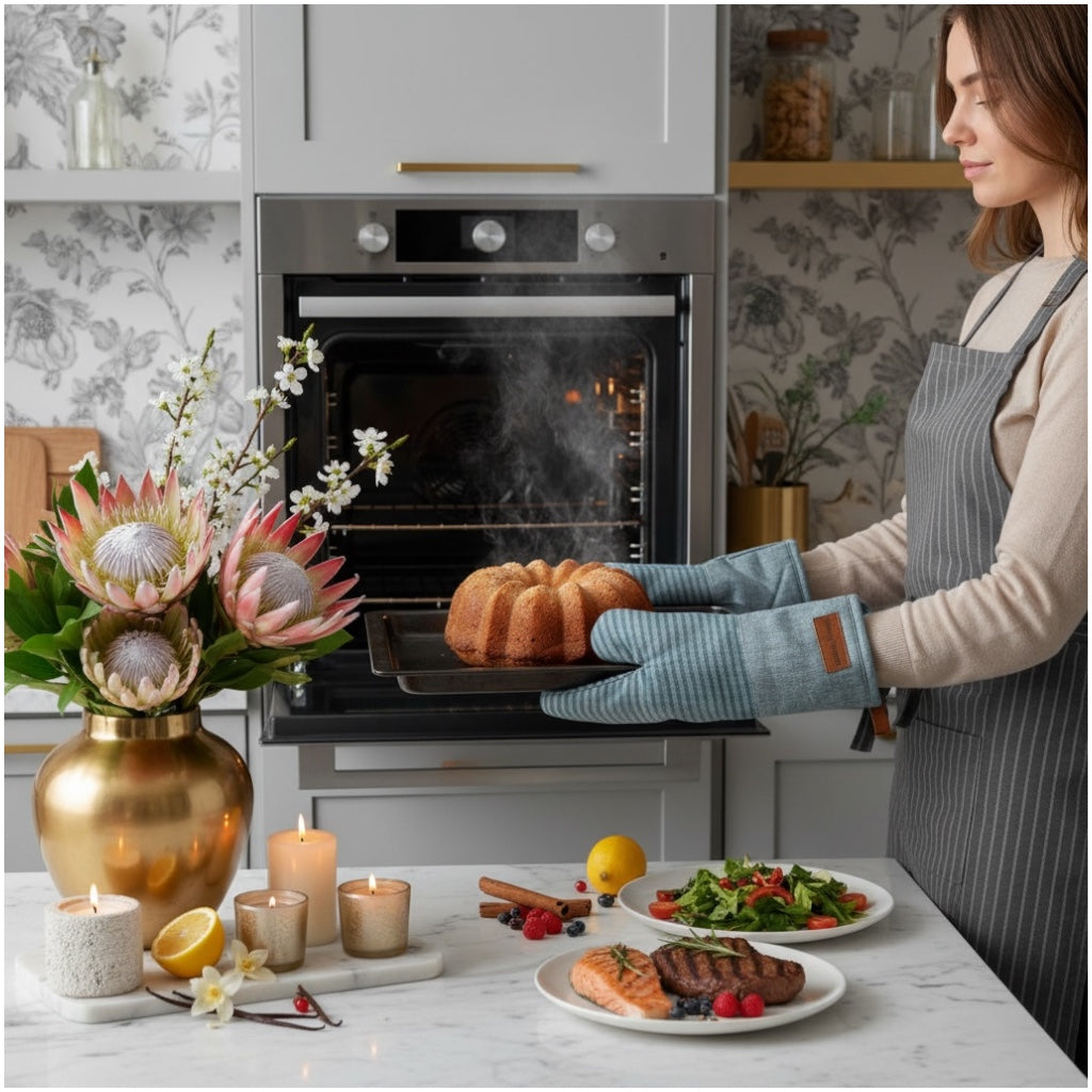 Thick Pair of Heat Resistant Cotton Silicone Oven Mitts - Non Slip
