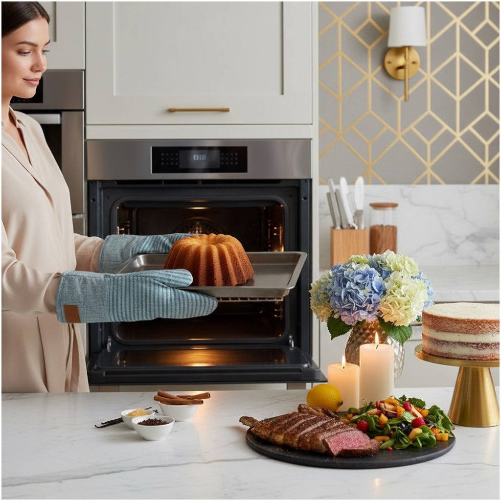 Thick Pair of Heat Resistant Cotton Silicone Oven Mitts - Non Slip