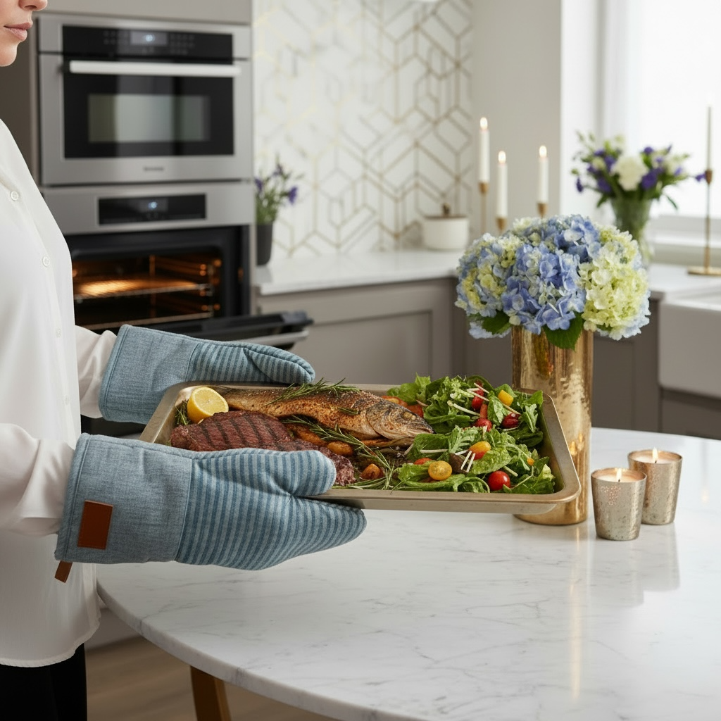 Thick Pair of Heat Resistant Cotton Silicone Oven Mitts - Non Slip