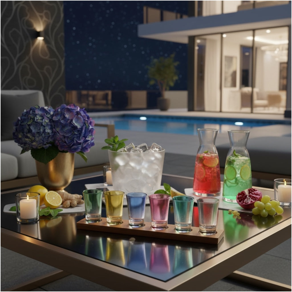 Colour Mini Tot Shot Glasses Set with Wooden Tray -7 Piece Entertaining Set