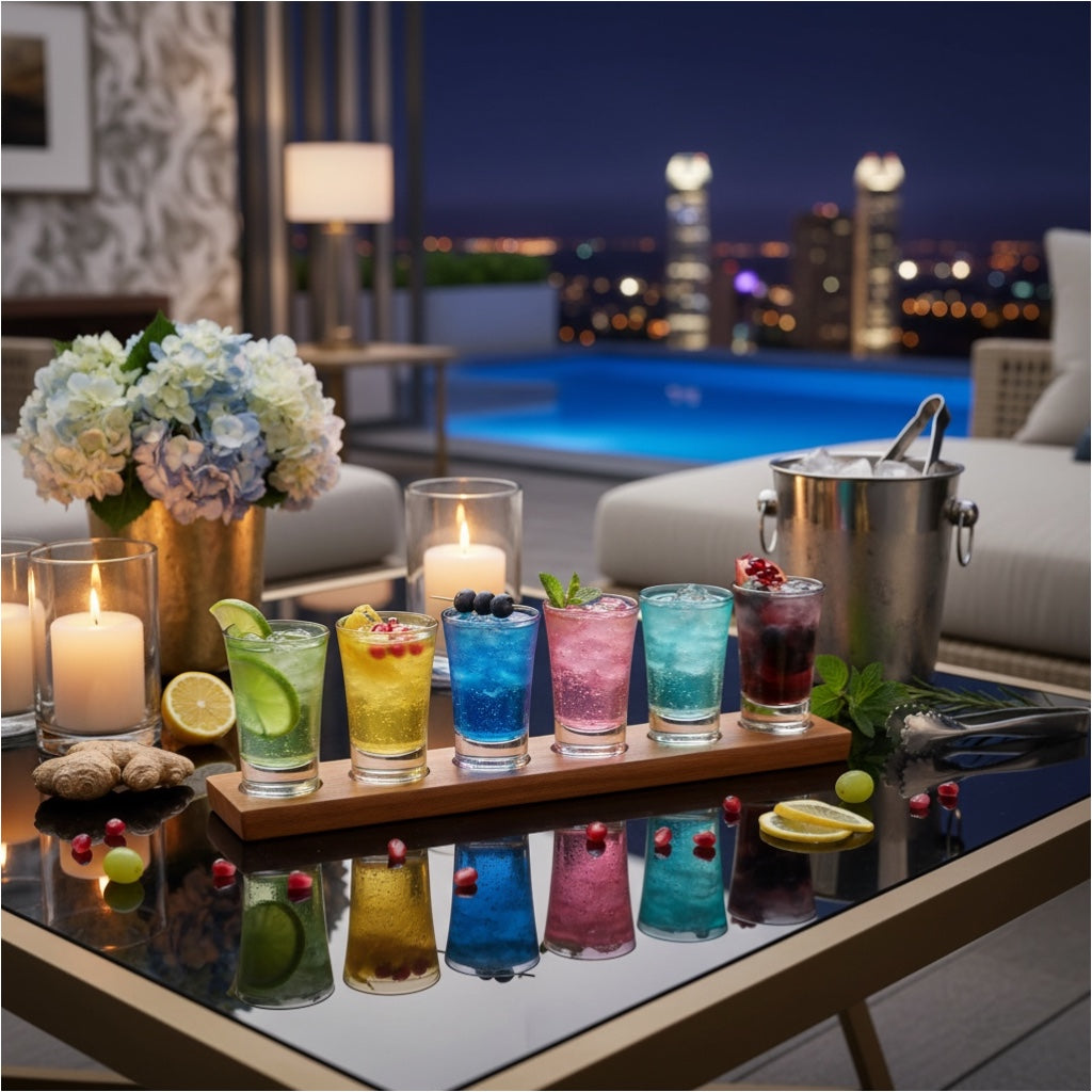 Colour Mini Tot Shot Glasses Set with Wooden Tray -7 Piece Entertaining Set
