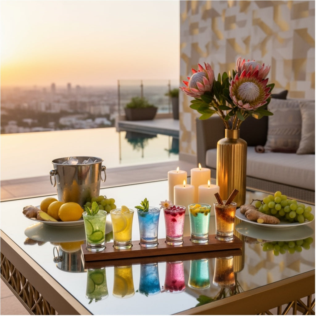 Colour Mini Tot Shot Glasses Set with Wooden Tray -7 Piece Entertaining Set