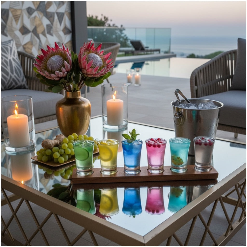 Colour Mini Tot Shot Glasses Set with Wooden Tray -7 Piece Entertaining Set