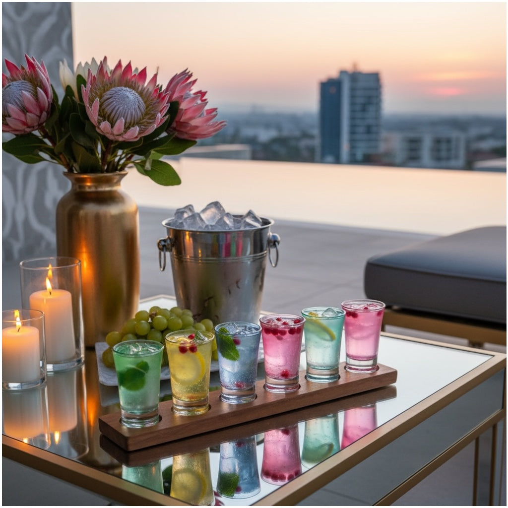 Colour Mini Tot Shot Glasses Set with Wooden Tray -7 Piece Entertaining Set