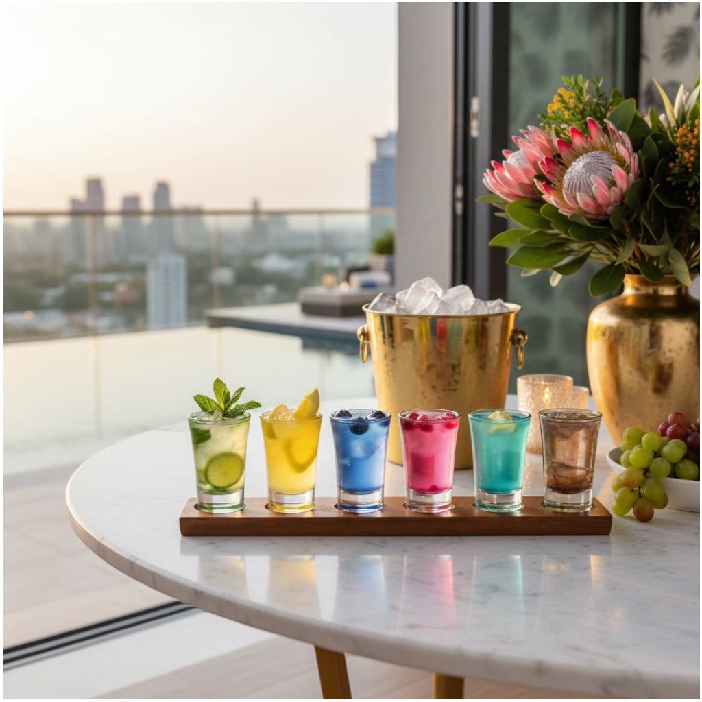 Colour Mini Tot Shot Glasses Set with Wooden Tray -7 Piece Entertaining Set