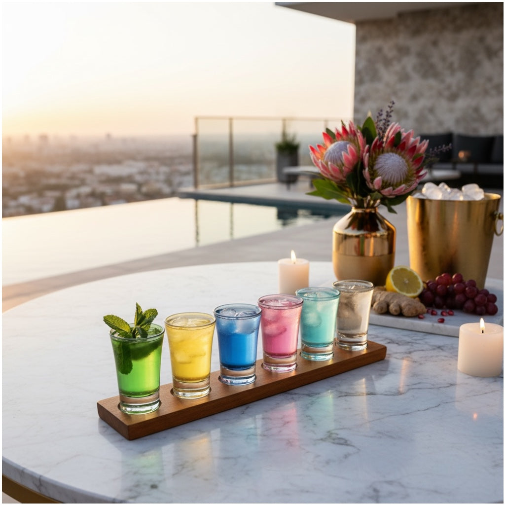 Colour Mini Tot Shot Glasses Set with Wooden Tray -7 Piece Entertaining Set