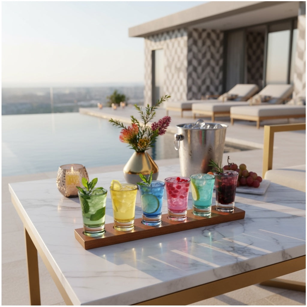 Colour Mini Tot Shot Glasses Set with Wooden Tray -7 Piece Entertaining Set