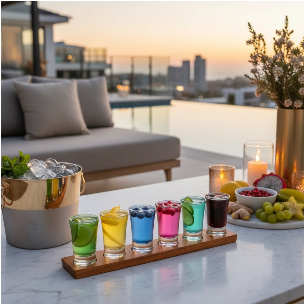 Colour Mini Tot Shot Glasses Set with Wooden Tray -7 Piece Entertaining Set