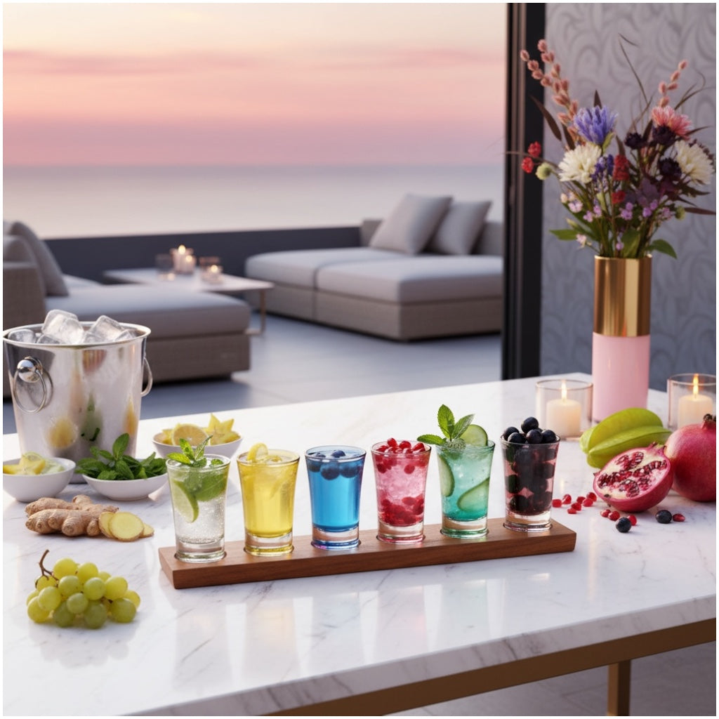 Colour Mini Tot Shot Glasses Set with Wooden Tray -7 Piece Entertaining Set