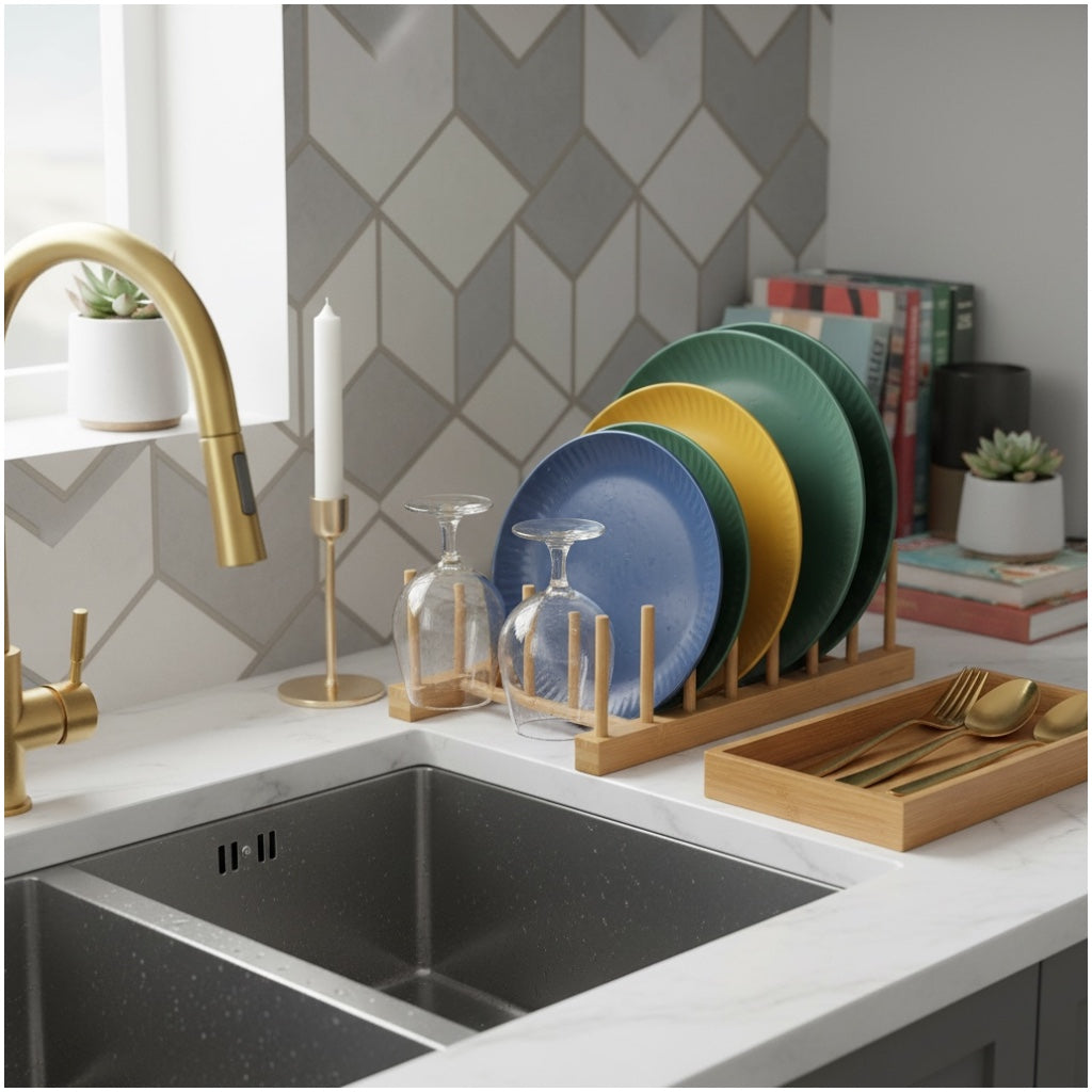 6 Compartment Bamboo Dish Rack – Plate Bowl Drying Stand -Display Organizer