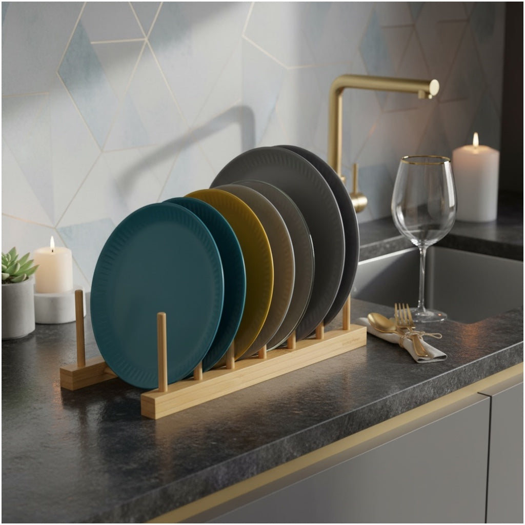 6 Compartment Bamboo Dish Rack – Plate Bowl Drying Stand -Display Organizer