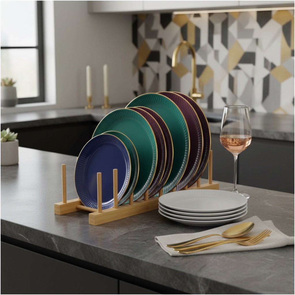 6 Compartment Bamboo Dish Rack – Plate Bowl Drying Stand -Display Organizer