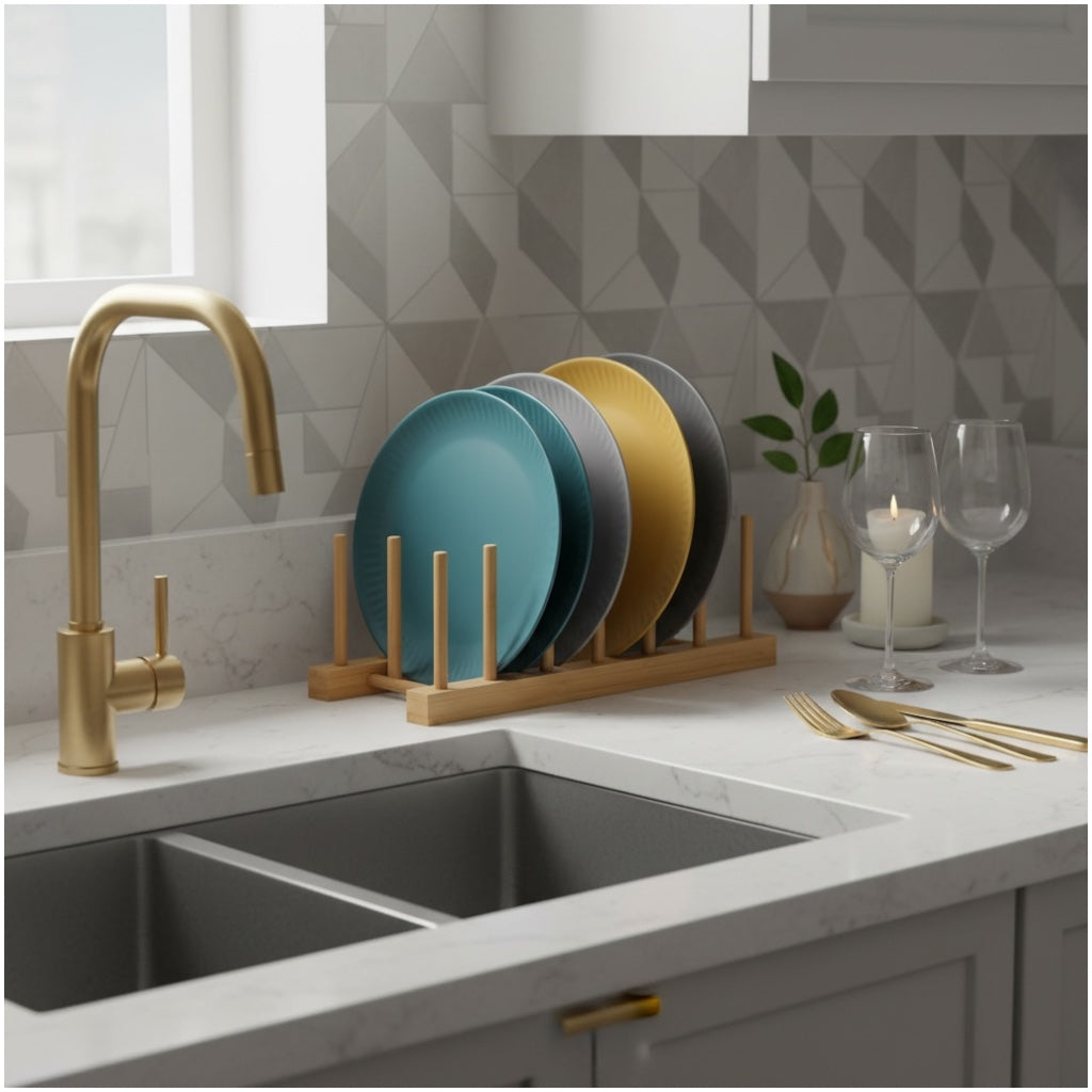 6 Compartment Bamboo Dish Rack – Plate Bowl Drying Stand -Display Organizer