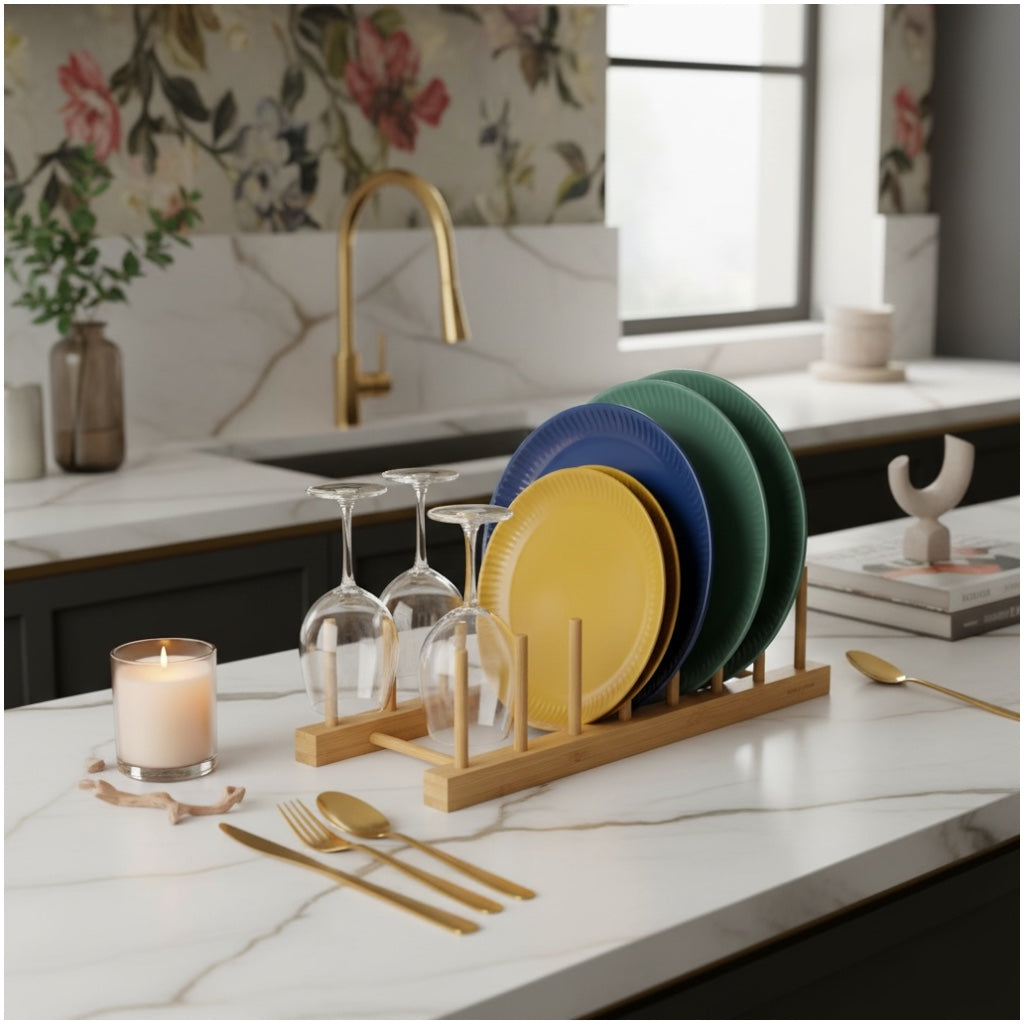 6 Compartment Bamboo Dish Rack – Plate Bowl Drying Stand -Display Organizer