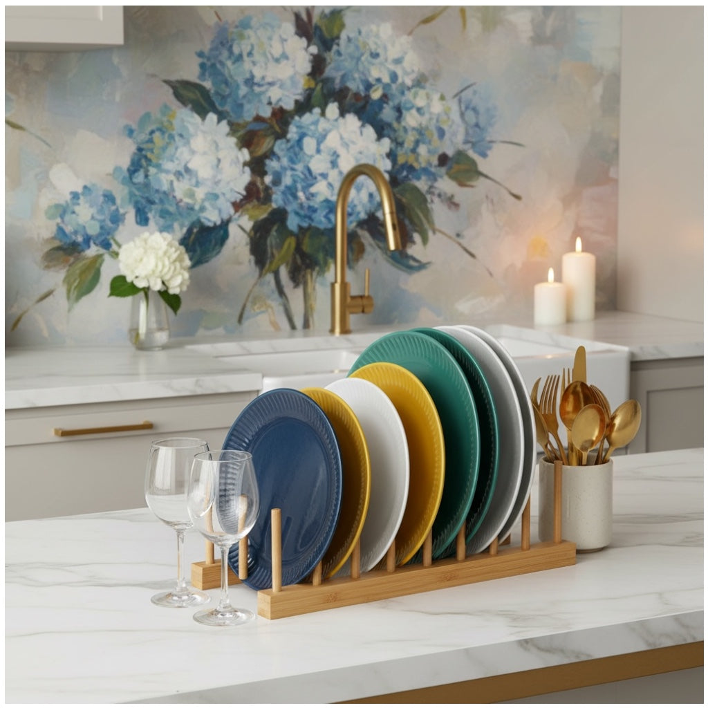 6 Compartment Bamboo Dish Rack – Plate Bowl Drying Stand -Display Organizer