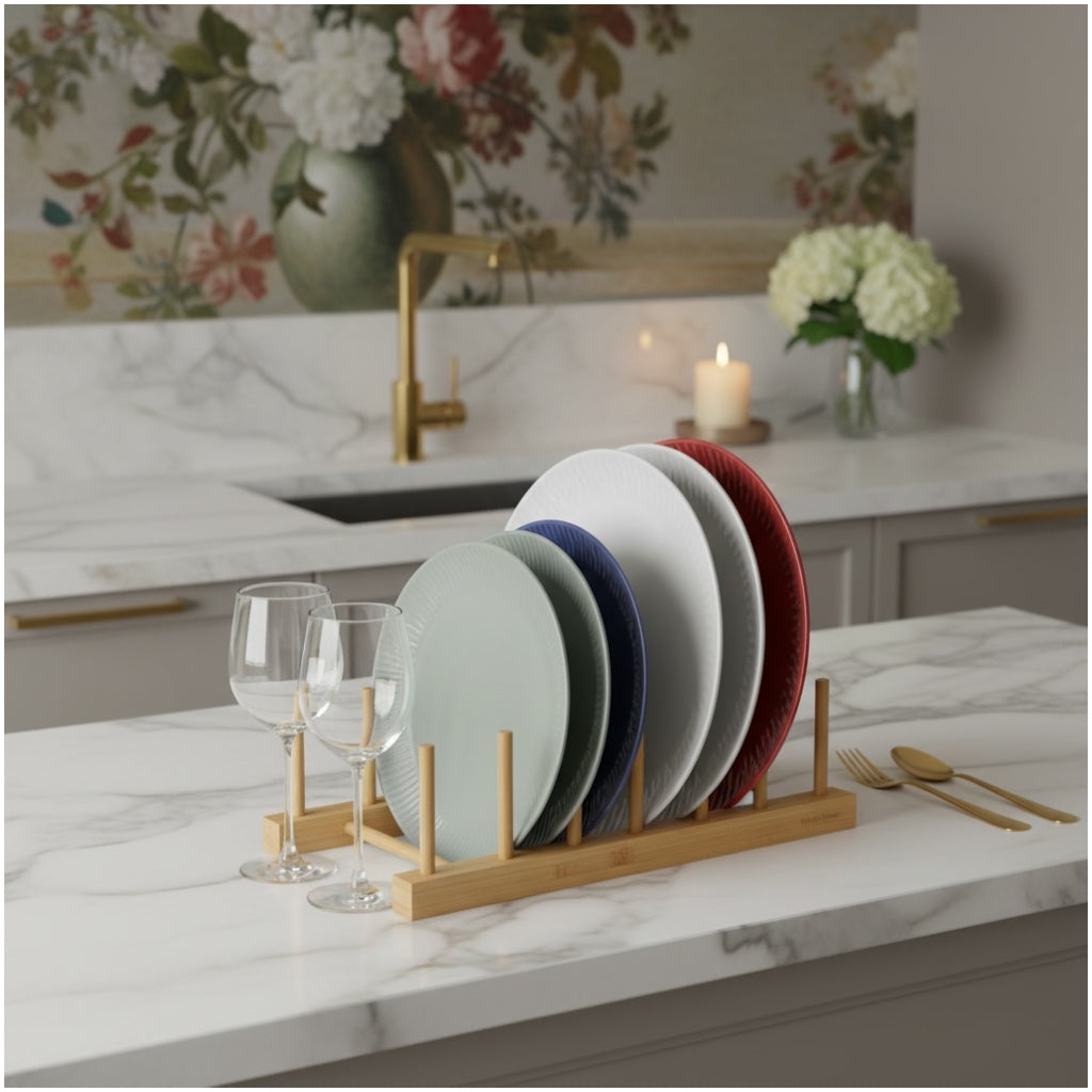6 Compartment Bamboo Dish Rack – Plate Bowl Drying Stand -Display Organizer