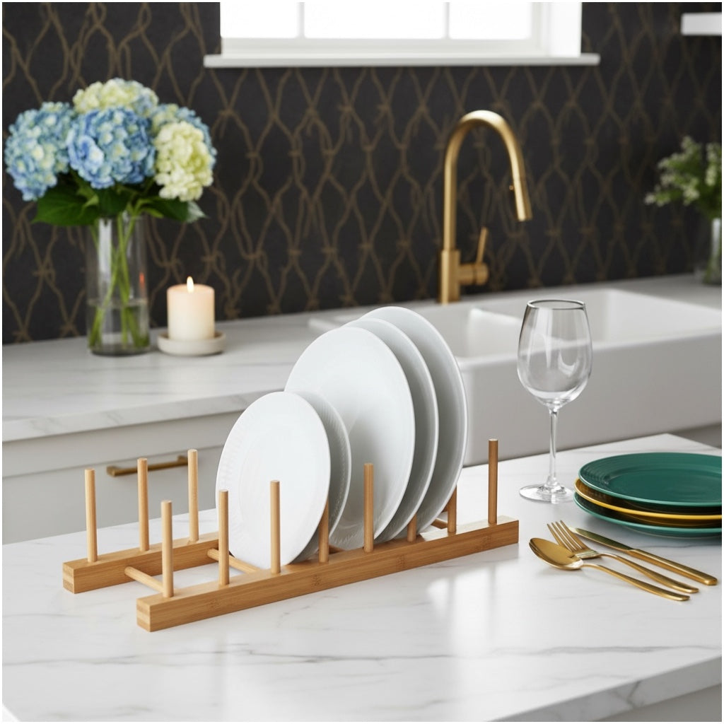 6 Compartment Bamboo Dish Rack – Plate Bowl Drying Stand -Display Organizer