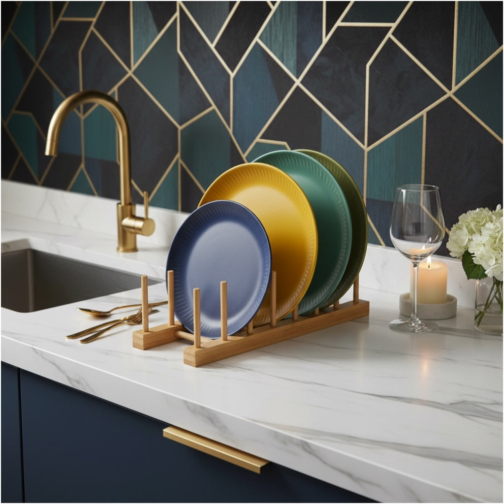 6 Compartment Bamboo Dish Rack – Plate Bowl Drying Stand -Display Organizer