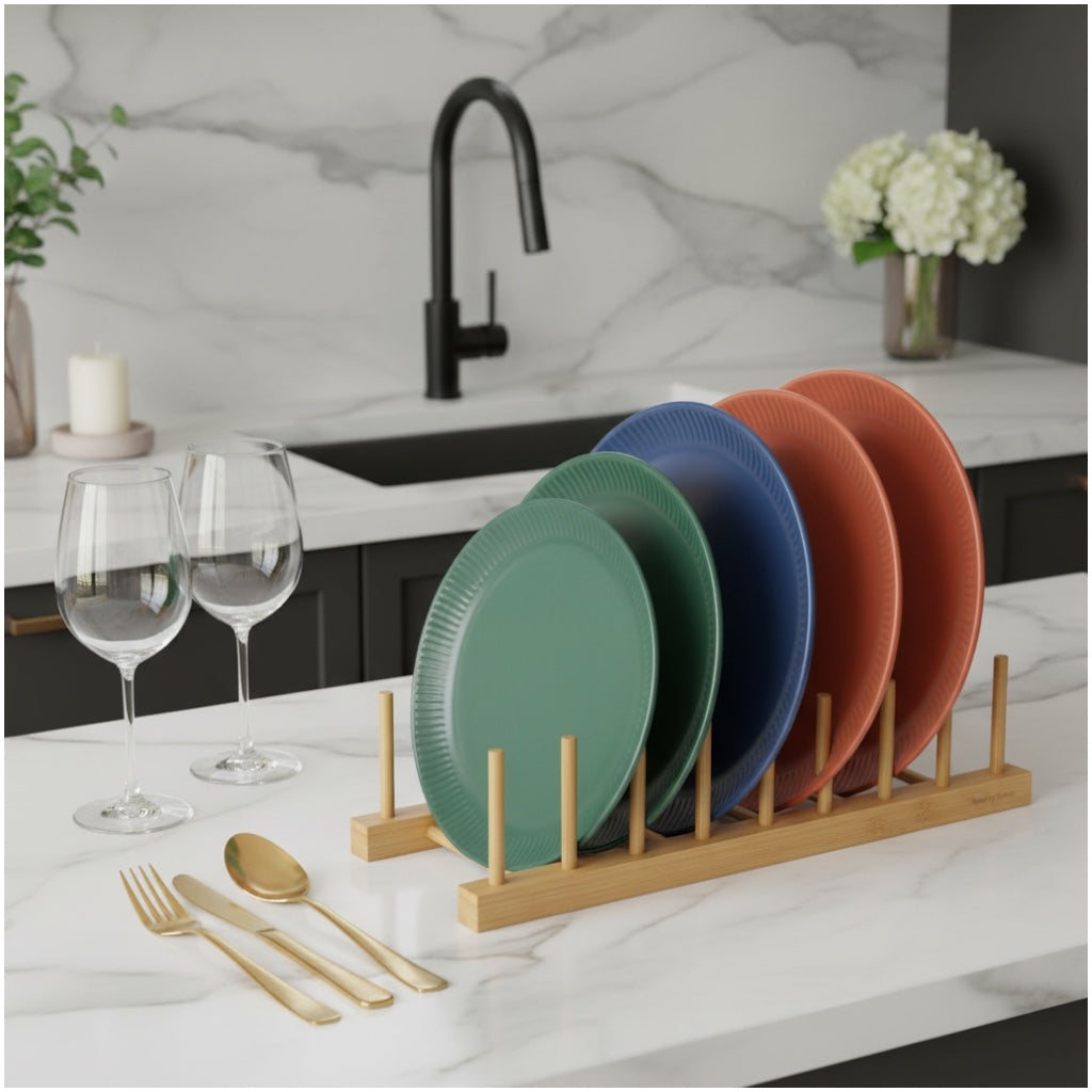 6 Compartment Bamboo Dish Rack – Plate Bowl Drying Stand -Display Organizer