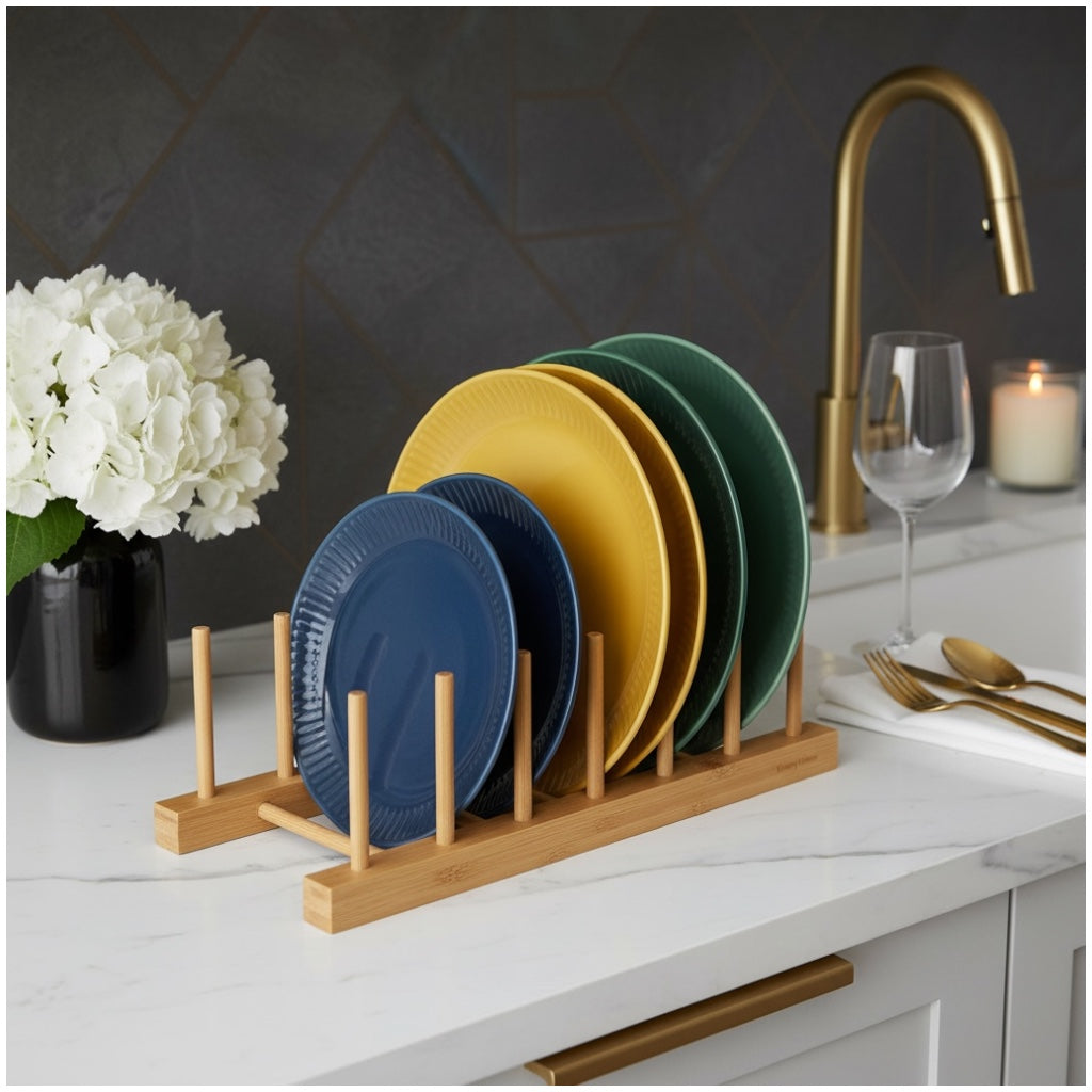 6 Compartment Bamboo Dish Rack – Plate Bowl Drying Stand -Display Organizer