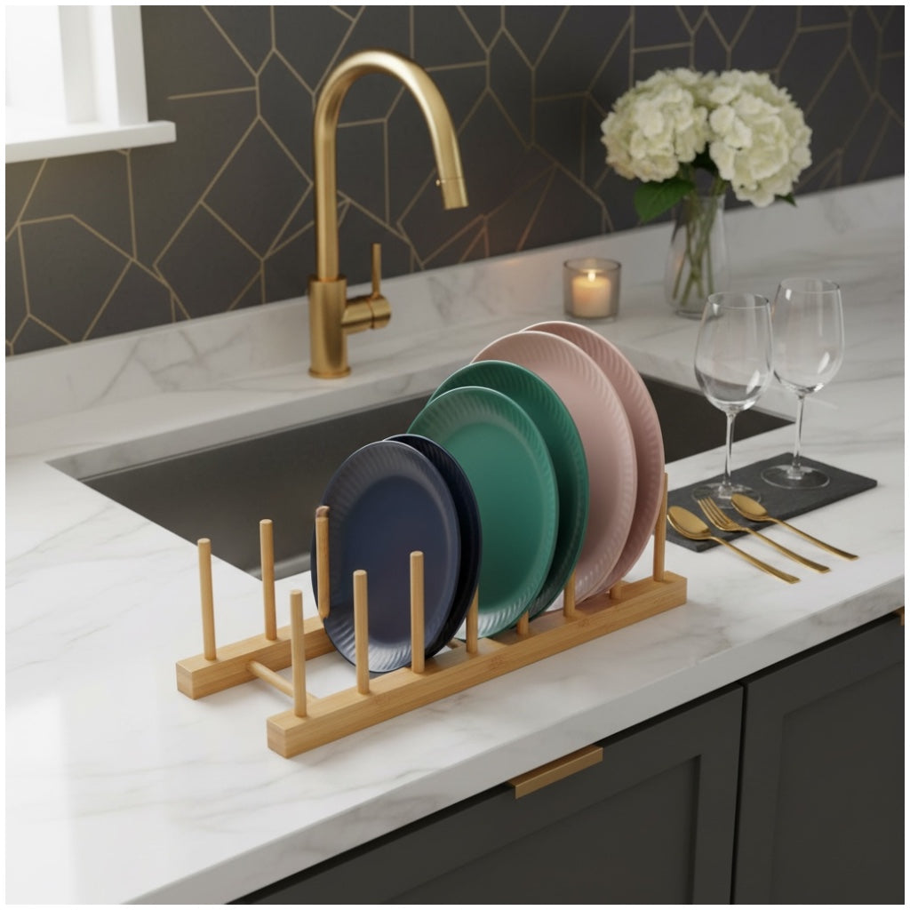 6 Compartment Bamboo Dish Rack – Plate Bowl Drying Stand -Display Organizer