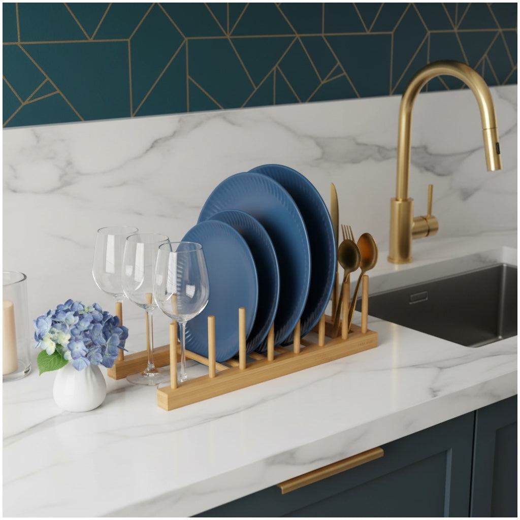 6 Compartment Bamboo Dish Rack – Plate Bowl Drying Stand -Display Organizer