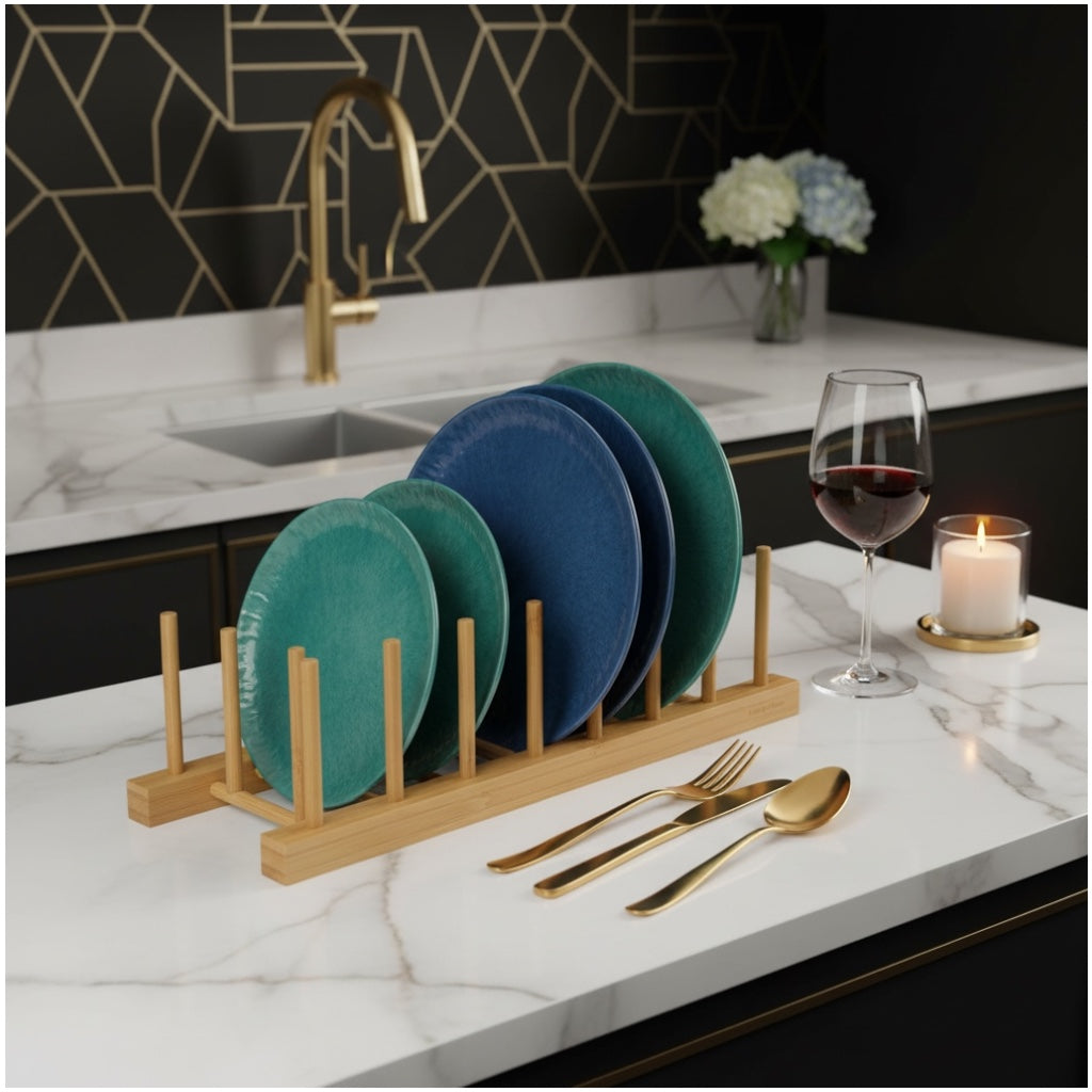 6 Compartment Bamboo Dish Rack – Plate Bowl Drying Stand -Display Organizer