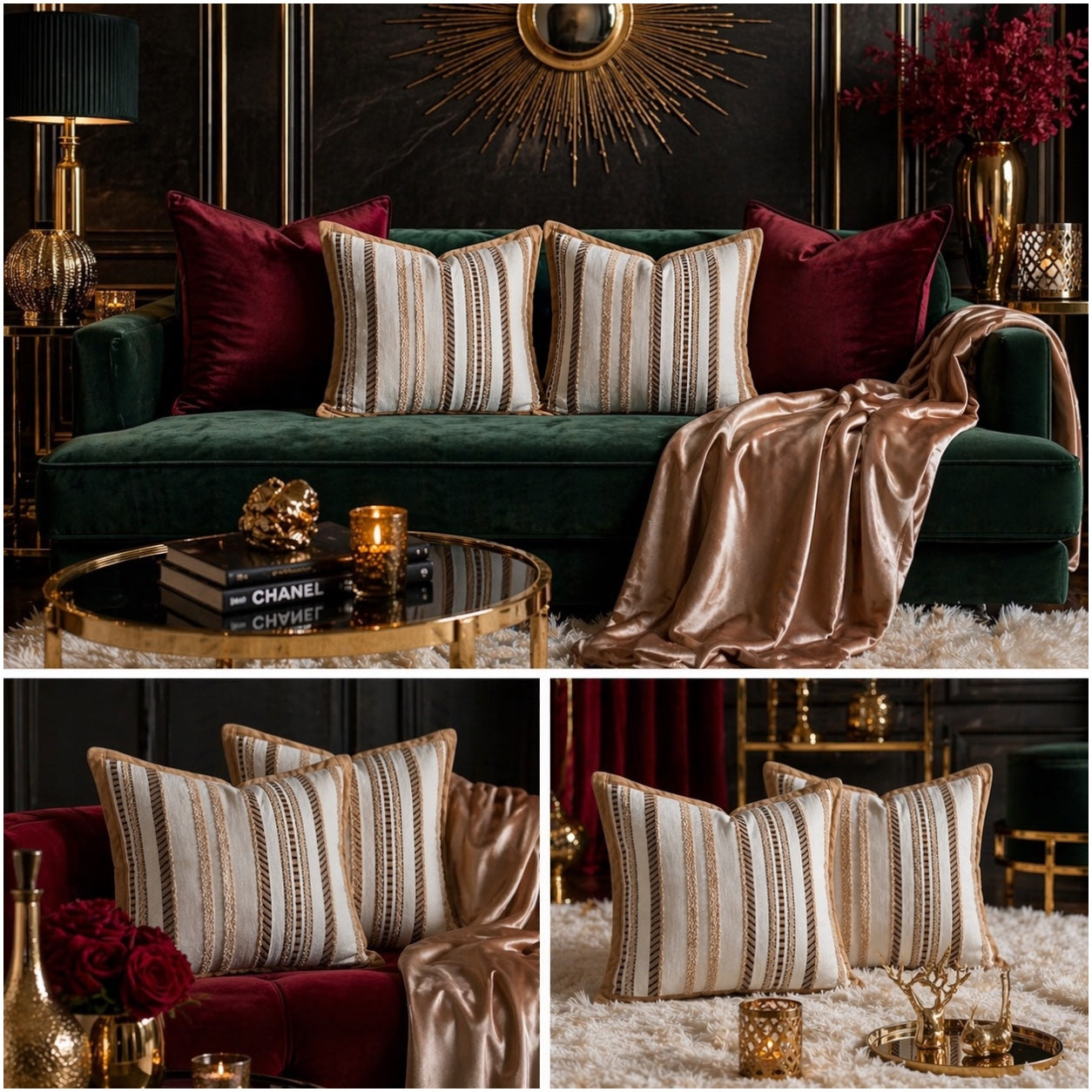 Luxury Striped Throw Pillow Covers Only -Set of 2 - 45x45cm-Beige and Brown