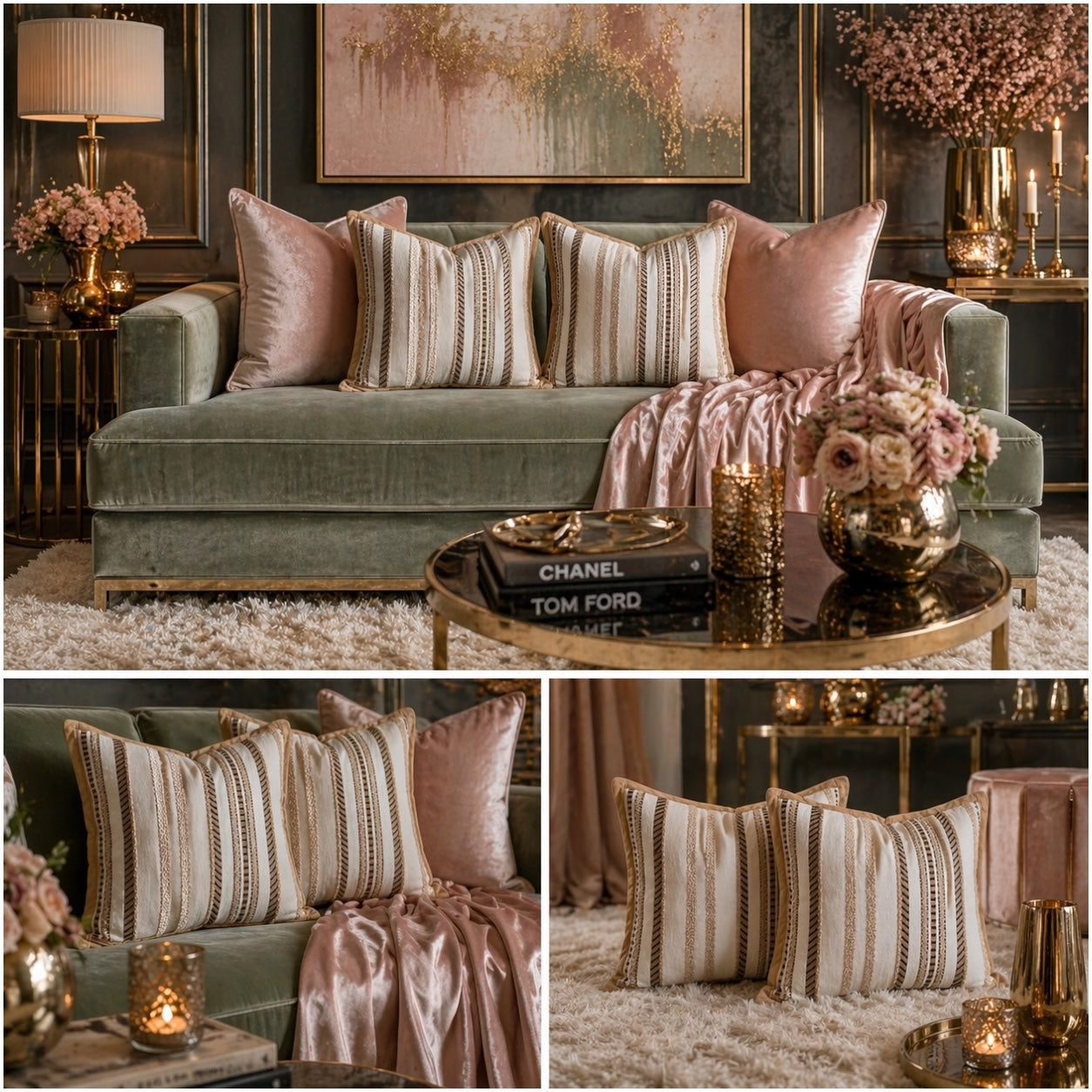 Luxury Striped Throw Pillow Covers Only -Set of 2 - 45x45cm-Beige and Brown