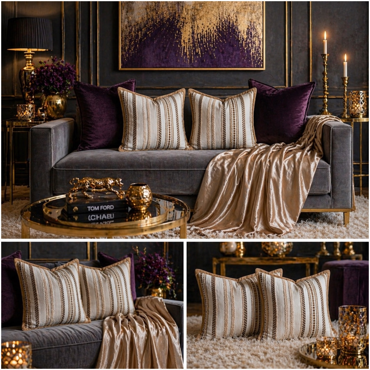 Luxury Striped Throw Pillow Covers Only -Set of 2 - 45x45cm-Beige and Brown