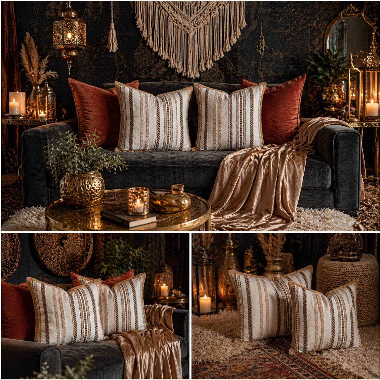 Luxury Striped Throw Pillow Covers Only -Set of 2 - 45x45cm-Beige and Brown