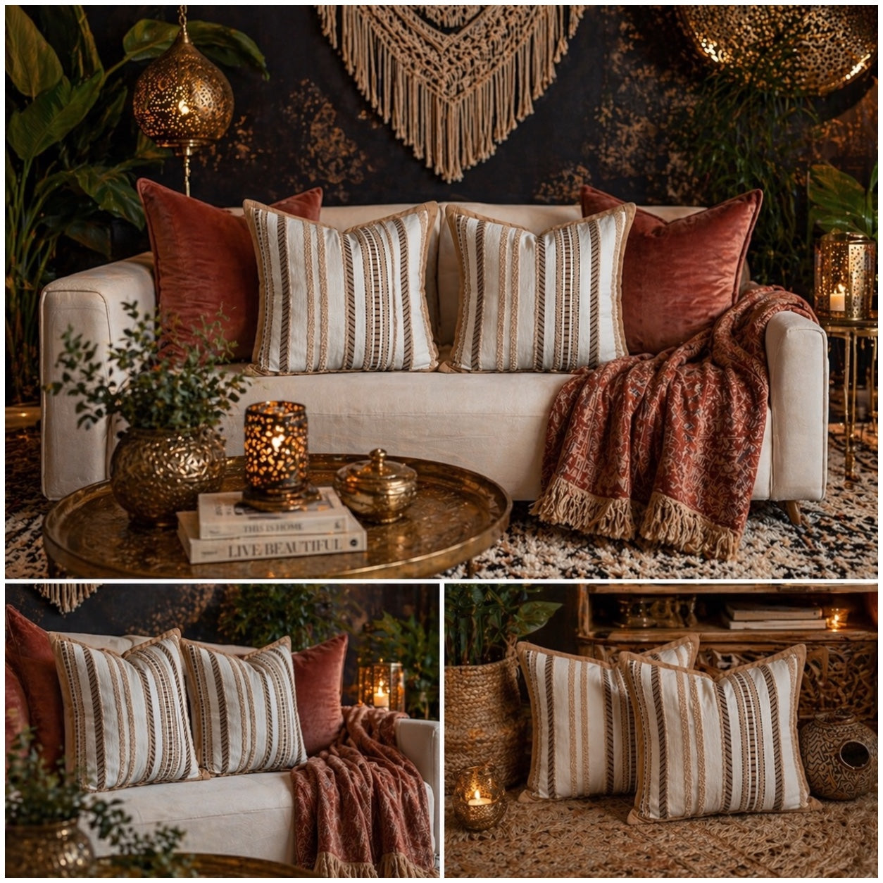 Luxury Striped Throw Pillow Covers Only -Set of 2 - 45x45cm-Beige and Brown