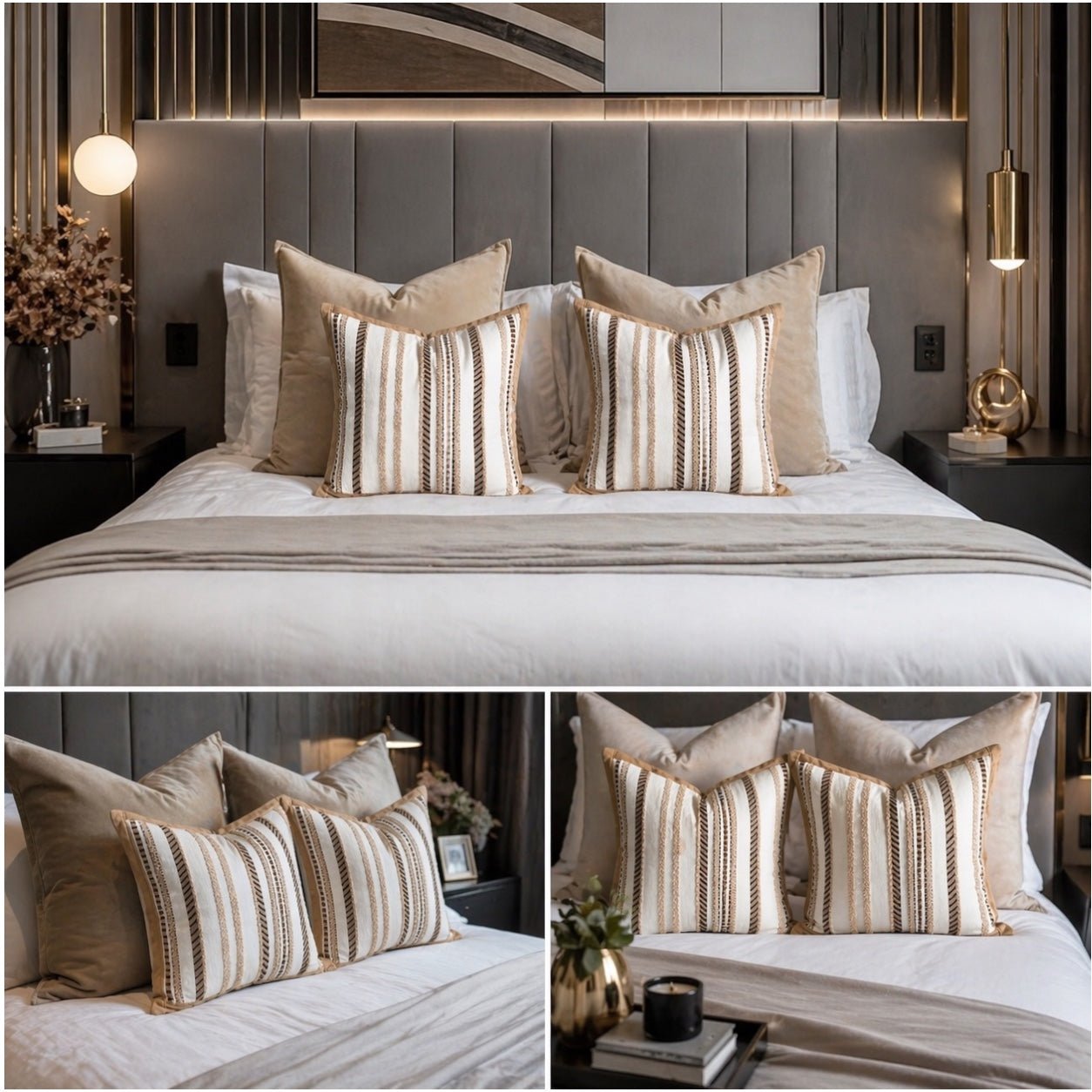 Luxury Striped Throw Pillow Covers Only -Set of 2 - 45x45cm-Beige and Brown