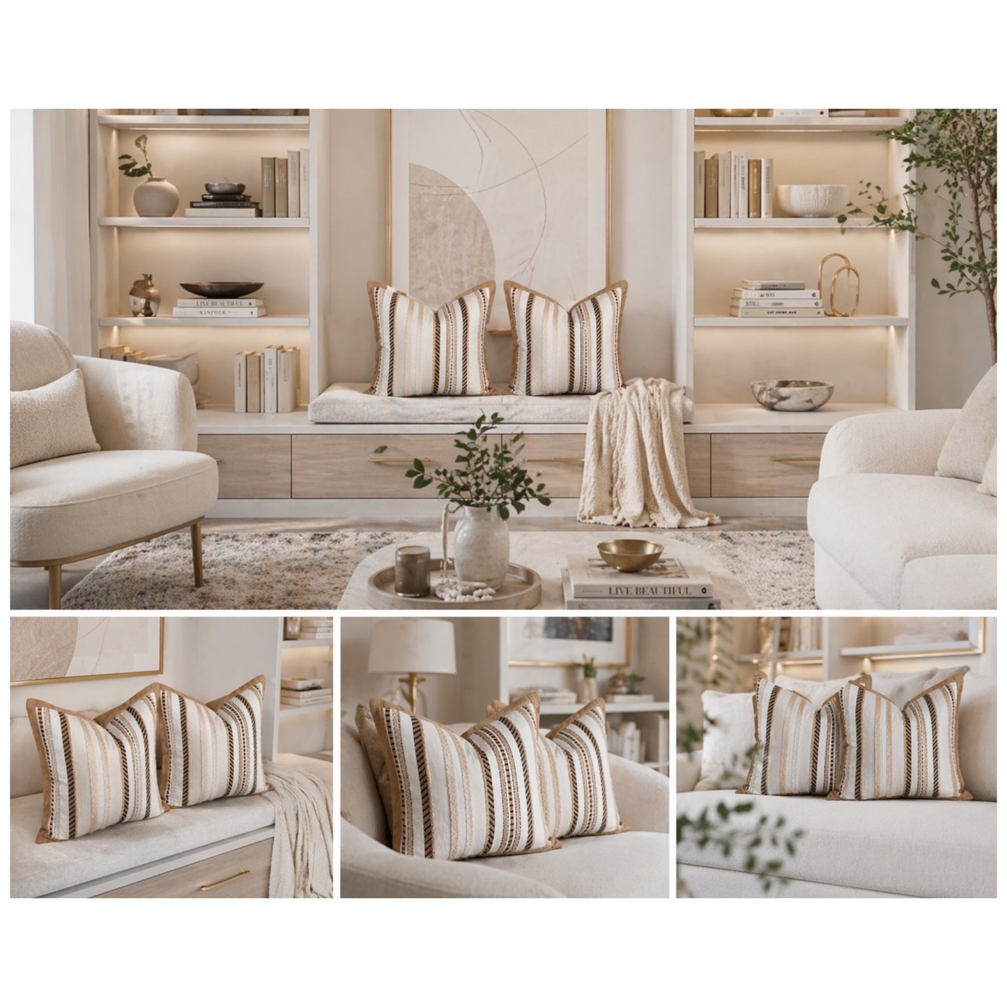 Luxury Striped Throw Pillow Covers Only -Set of 2 - 45x45cm-Beige and Brown