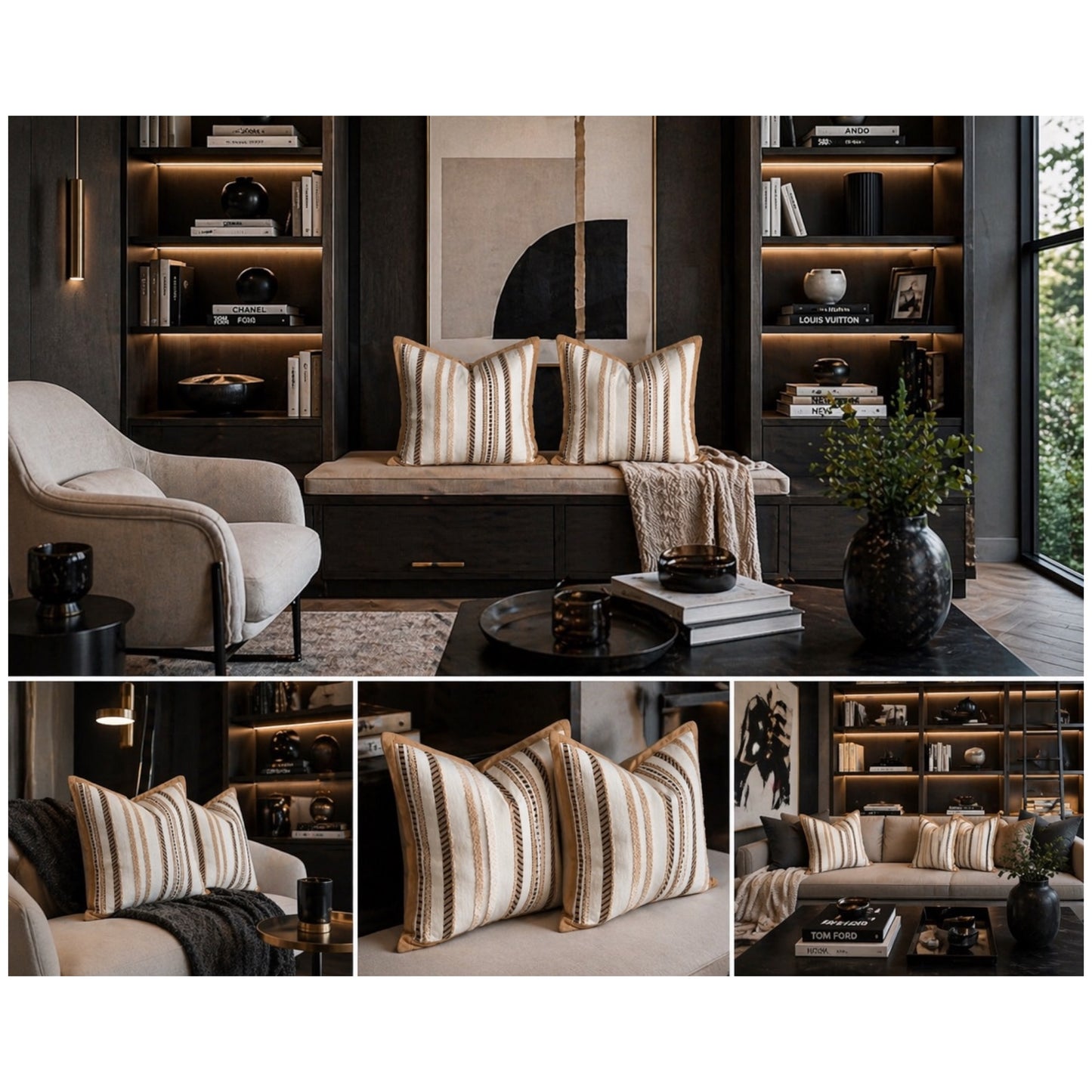 Luxury Striped Throw Pillow Covers Only -Set of 2 - 45x45cm-Beige and Brown