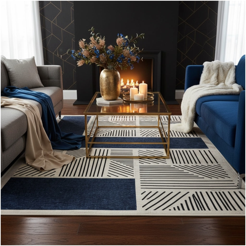 Modern Geometric Luxury Area Rug –Blue Black Cream Carpet - (120 x 180 cm)