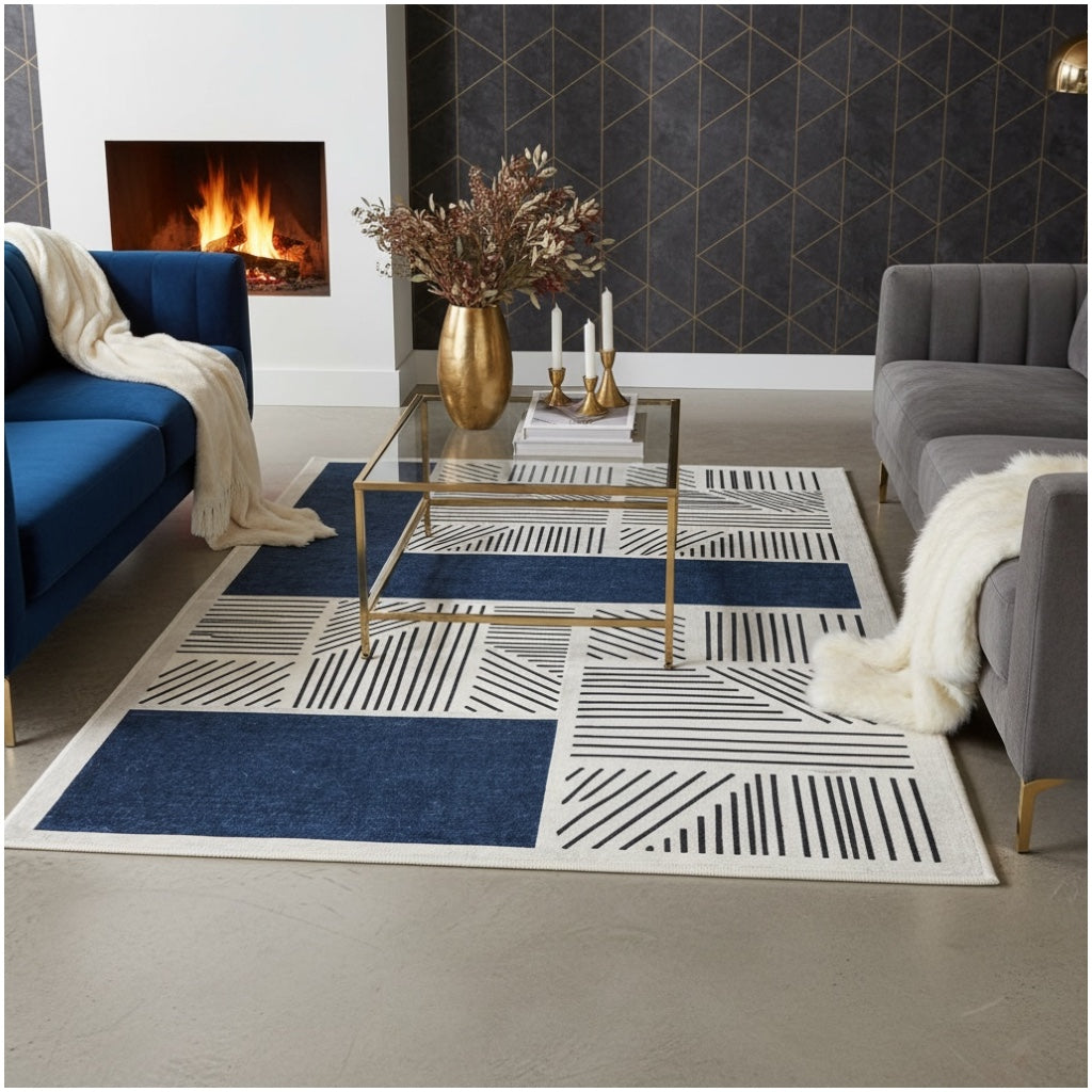 Modern Geometric Luxury Area Rug –Blue Black Cream Carpet - (120 x 180 cm)