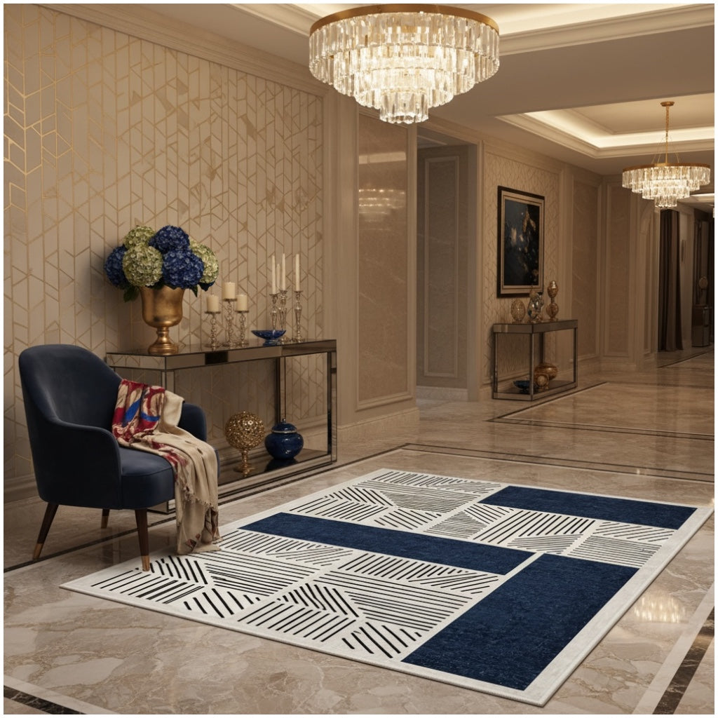 Modern Geometric Luxury Area Rug –Blue Black Cream Carpet - (120 x 180 cm)