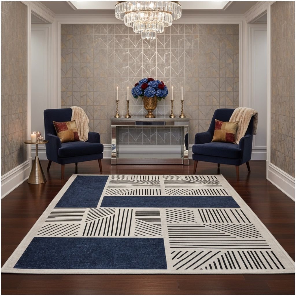 Modern Geometric Luxury Area Rug –Blue Black Cream Carpet - (120 x 180 cm)