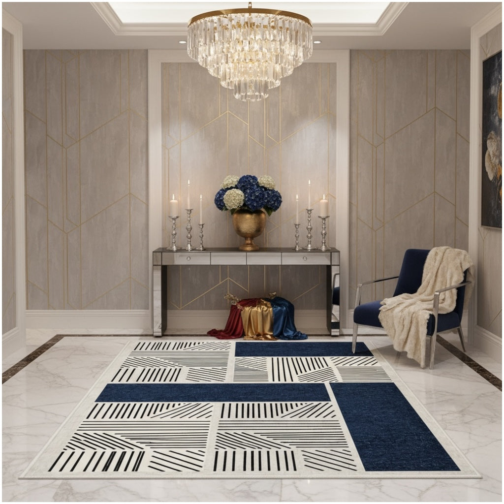 Modern Geometric Luxury Area Rug –Blue Black Cream Carpet - (120 x 180 cm)