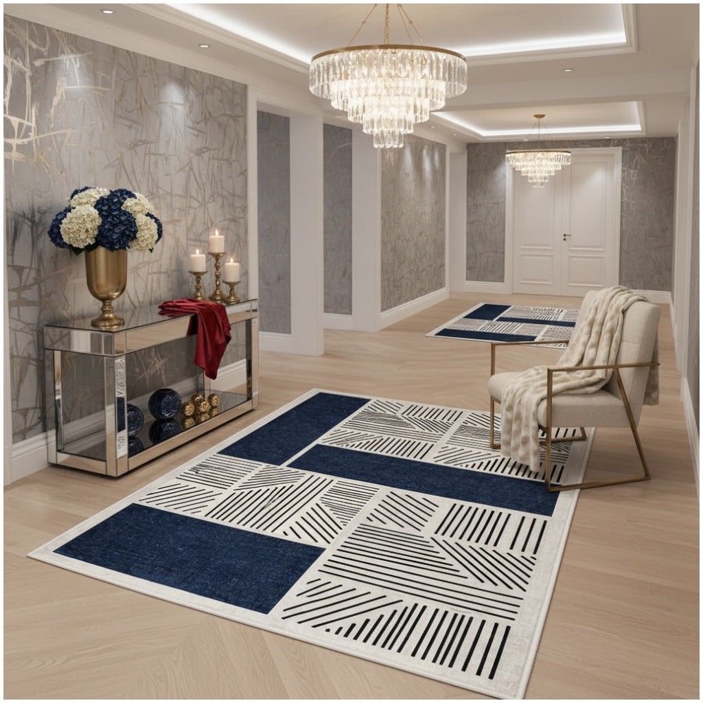 Modern Geometric Luxury Area Rug –Blue Black Cream Carpet - (120 x 180 cm)