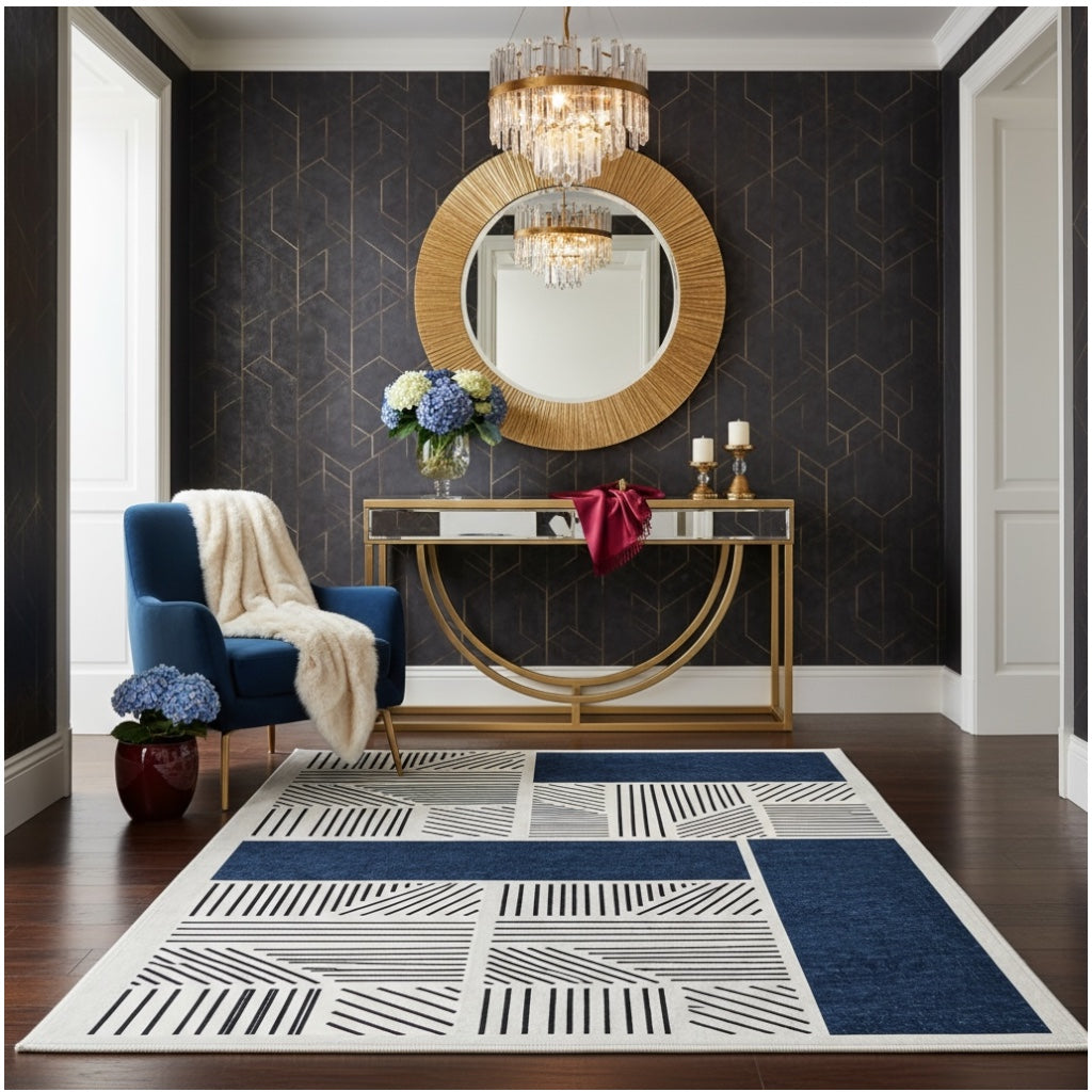 Modern Geometric Luxury Area Rug –Blue Black Cream Carpet - (120 x 180 cm)