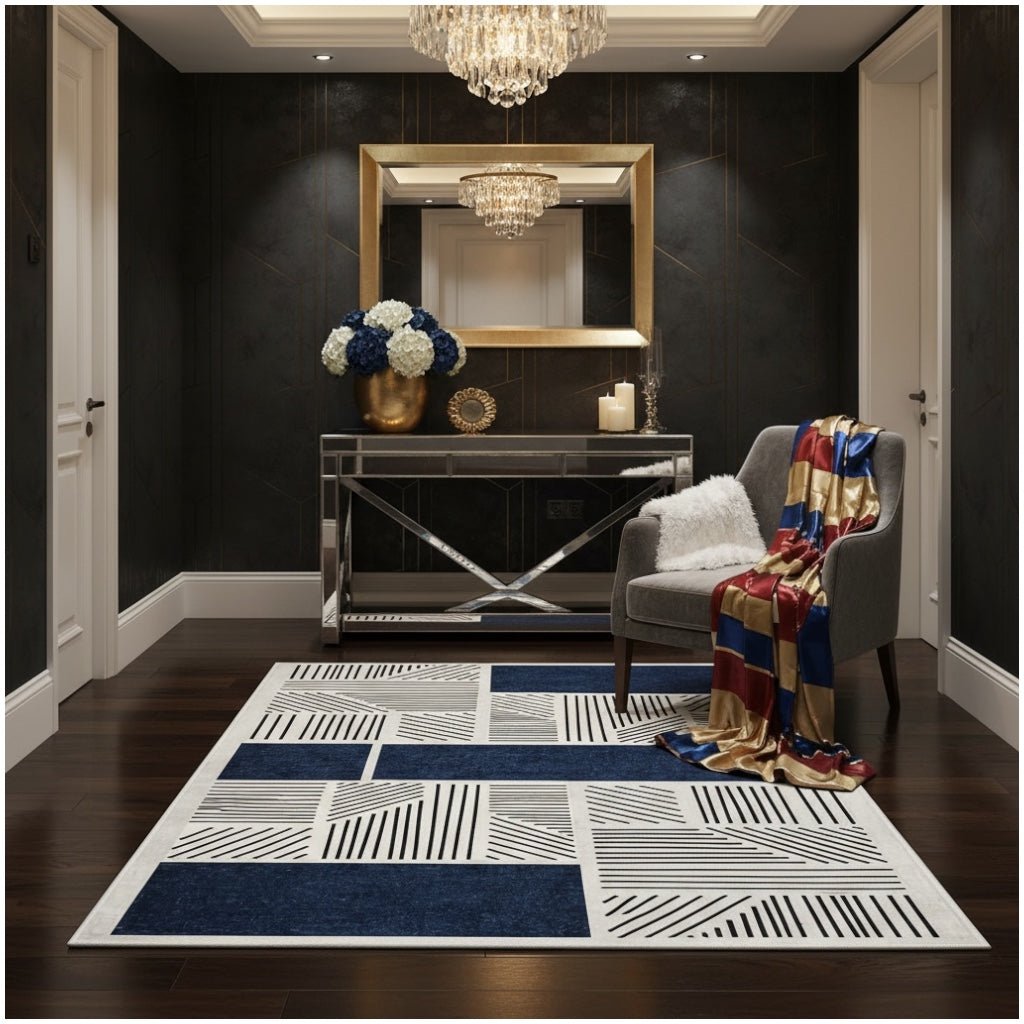 Modern Geometric Luxury Area Rug –Blue Black Cream Carpet - (120 x 180 cm)