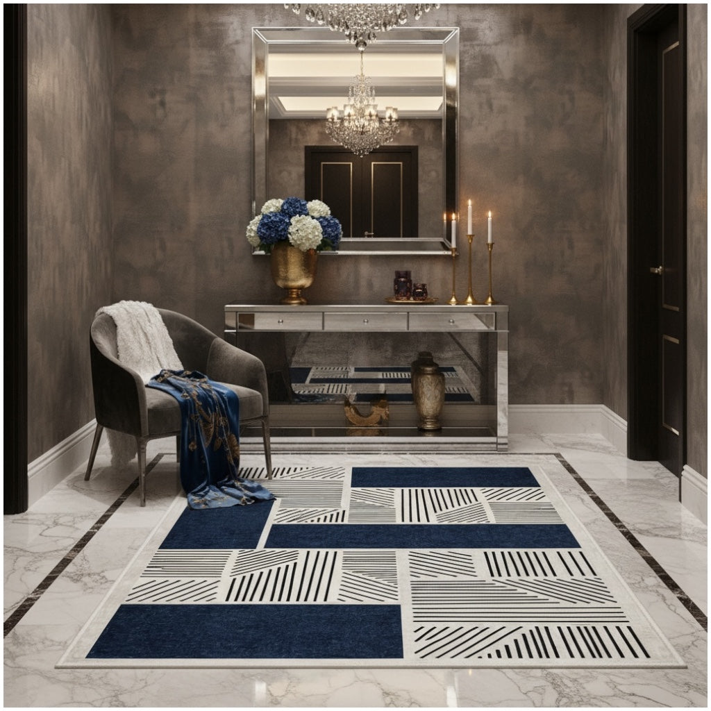 Modern Geometric Luxury Area Rug –Blue Black Cream Carpet - (120 x 180 cm)